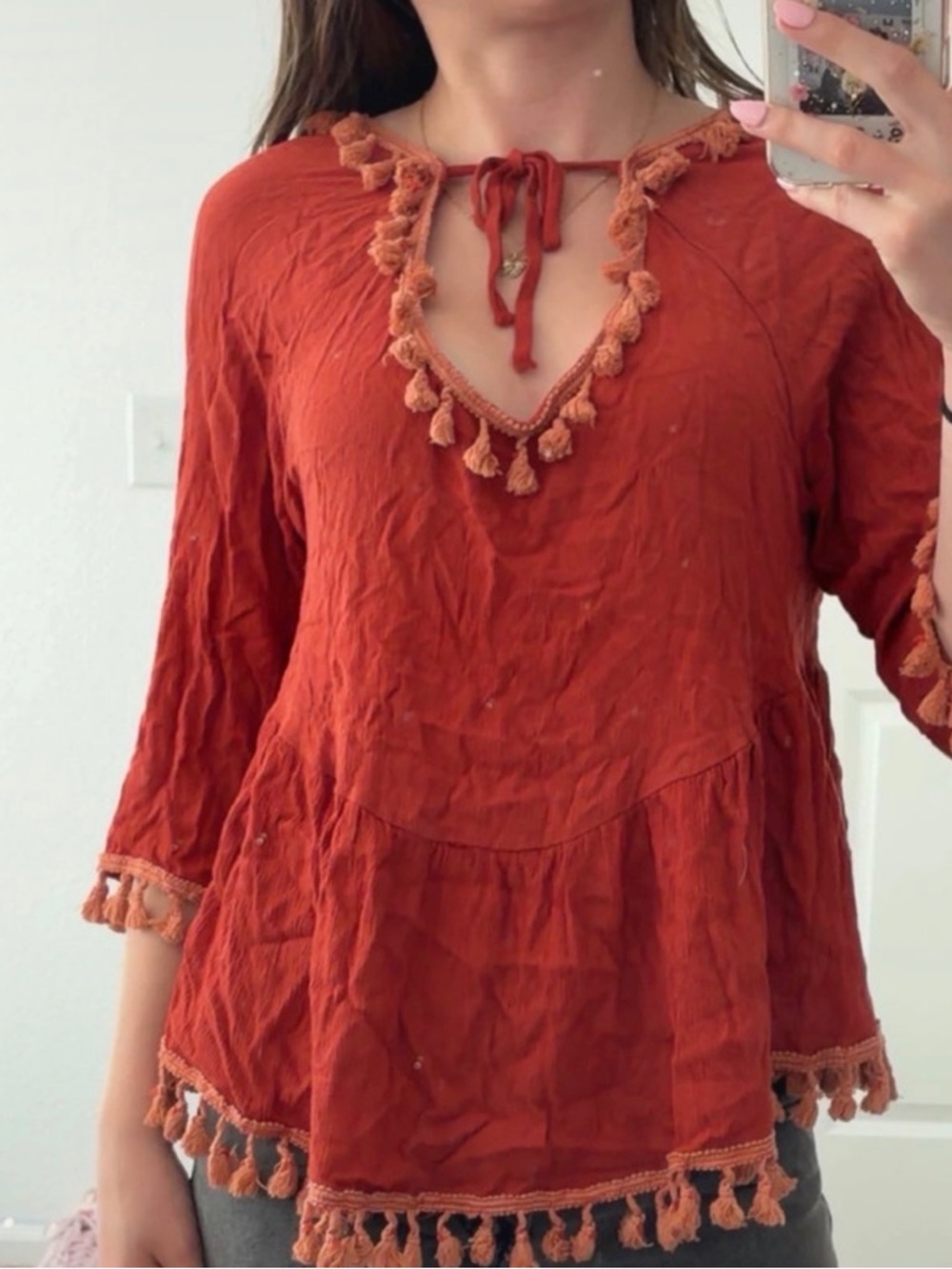 Tassel-Trim Rust Women’s Peasant Blouse